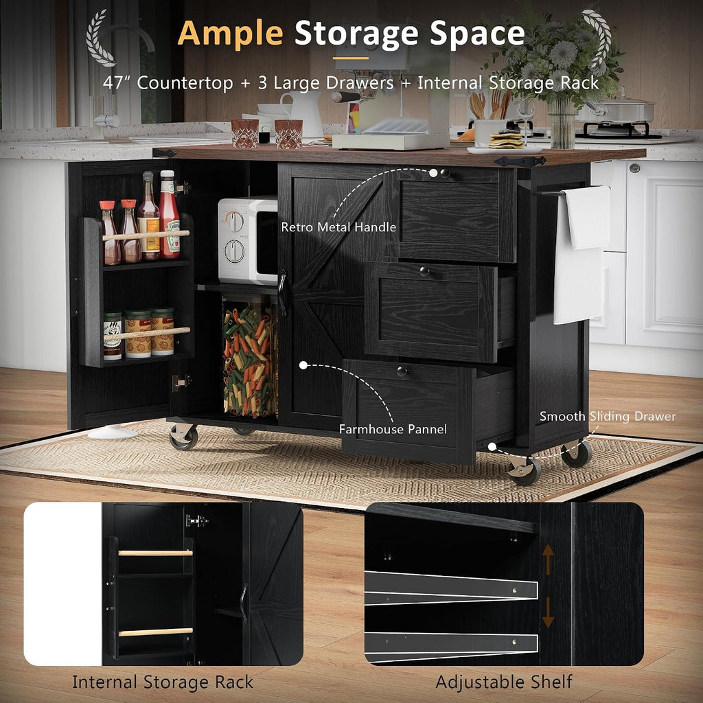 54.5' Farmhouse Kitchen Island with Power Outlet, Kitchen Storage Island with Internal Storage Rack, Drop Leaf, Spice Rack, Rolling Kitchen Cart on Wheels, for Home, Kitchen and Dining Room,Black