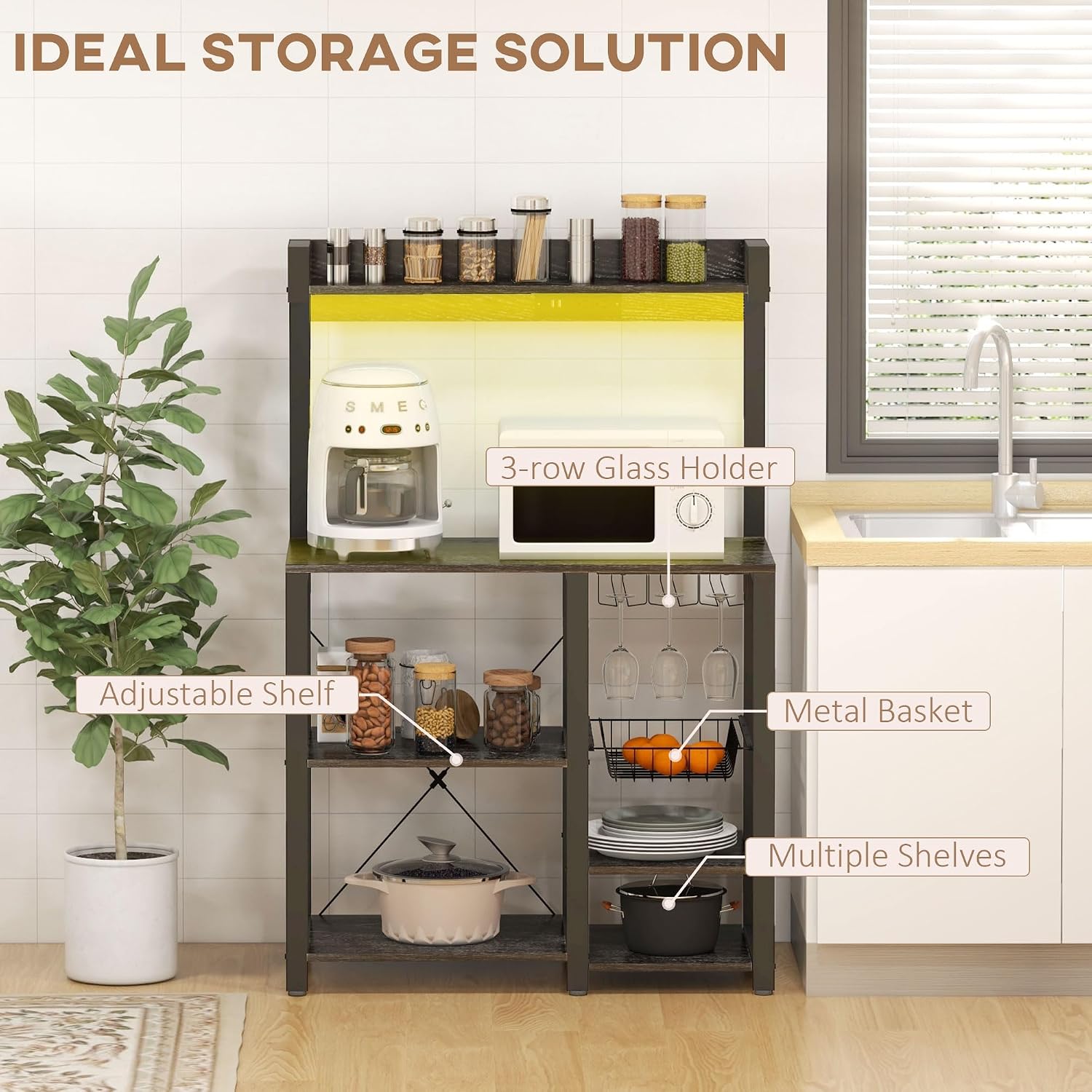 Rack with Power Outlet and LED Lights, Bakers Racks for Kitchens with Storage, Industrial Microwave Stand with Glass Holders, Metal Basket, Multiple Shelves, Gray
