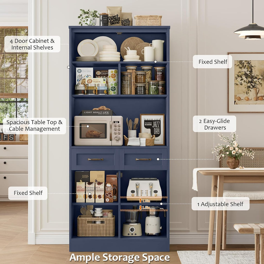 HOSTACK 71' Tall Kitchen Pantry Storage Cabinet, Modern Kitchen Hutch Bar Cabinet with Microwave Stand, Wood Buffet Sideboard with Hutch, Cupboard with Drawers, Shelves for Dining Room, Blue
