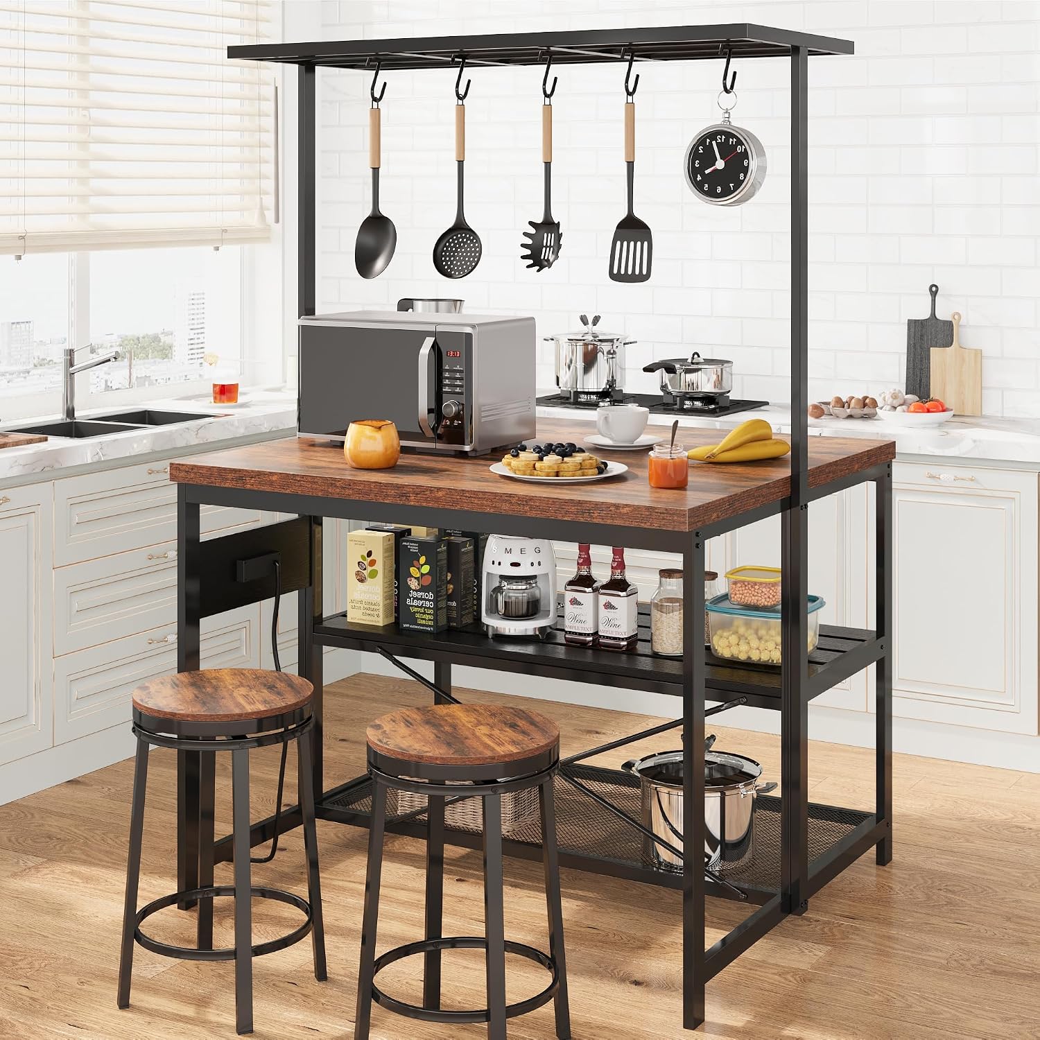 Multifunctional Kitchen Island, Kitchen Counter Prep Table with 3-Tier Shelves, Island Table for Kitchen with Storage & Power Outlet, Bakers Rack, 5 Hooks Kitchen Coffee Station