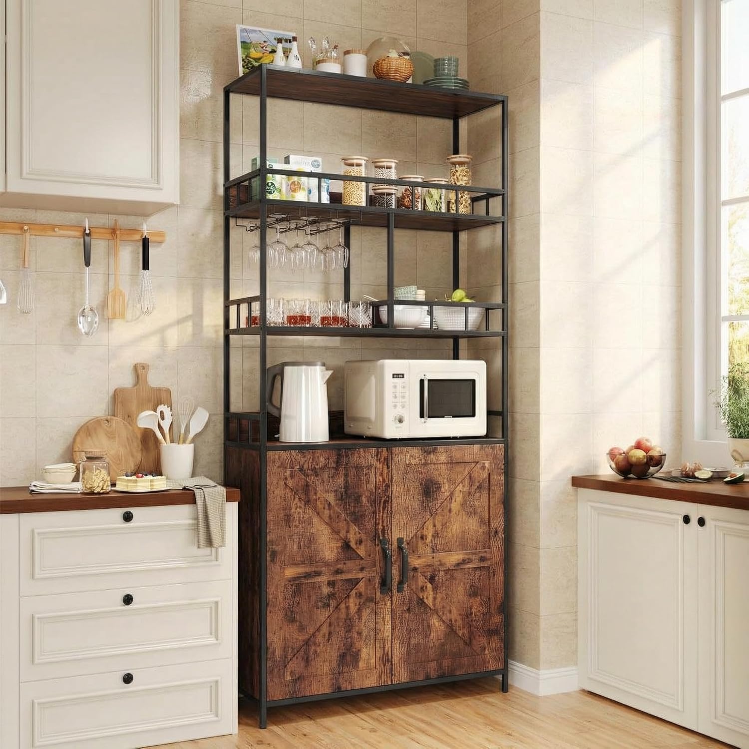 70.9' Freestanding Bakers Rack with Storage Cabinet, 5-Tier Wine Bar Cabinet with Goblet Holder & Microwave Stand – Kitchen Pantry Hutch for Dining & Living Room, Rustic Brown
