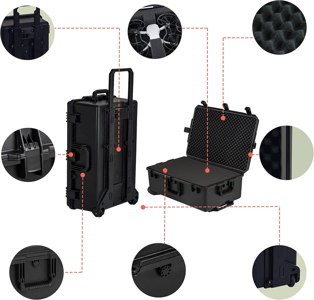 MEIJIA Portable All Weather Waterproof Camera Case,Customizable Fit Foam with Rolling Wheels and Retractable Pull Handle,31.3'X20.3'X12.25'