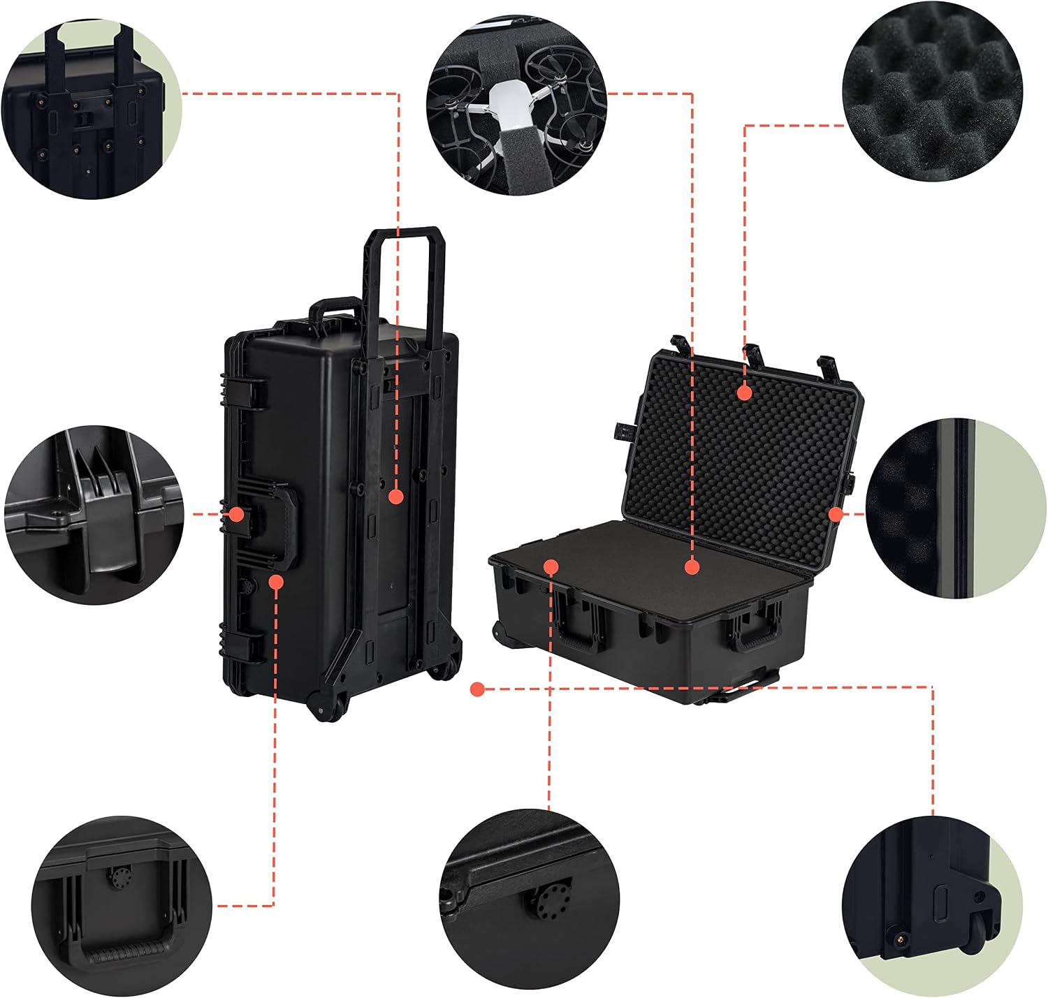 MEIJIA Portable All Weather Waterproof Camera Case,Customizable Fit Foam with Rolling Wheels and Retractable Pull Handle,31.3'X20.3'X12.25'
