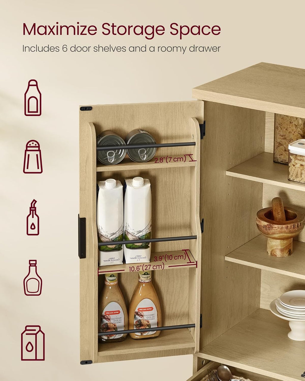 VASAGLE MAXE Collection - Pantry Cabinet, 70.6-Inch Tall Storage Cabinet with Drawer, 6 Adjustable Shelves, 2 Cabinets, Fluted Doors, Mid Century Modern, for Kitchen Living Room, Oak Beige UBBK365Y01
