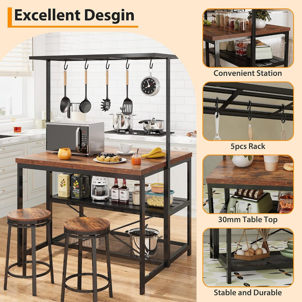 42' Kitchen Island with Storage, Multi-Functional Coffee Bar Station - 3-Tier Bakers Rack with Heavy Duty Steel Frame for Small Spaces (Farmhouse Style, Retro Color)