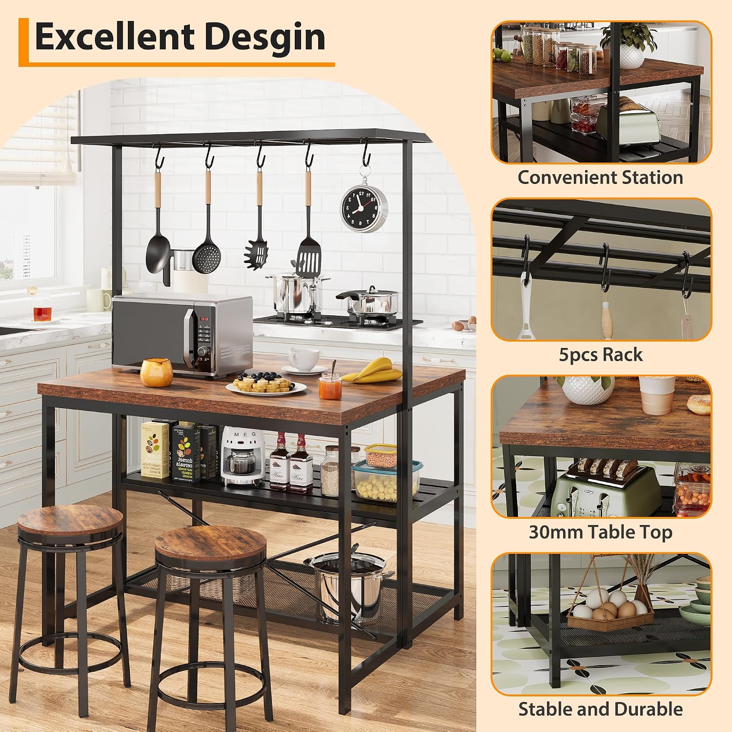 42' Kitchen Island with Storage, Multi-Functional Coffee Bar Station - 3-Tier Bakers Rack with Heavy Duty Steel Frame for Small Spaces (Farmhouse Style, Retro Color)