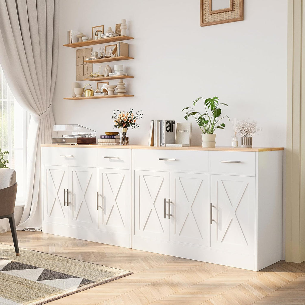 Shintenchi Modern Farmhouse Sideboard Buffet Cabinet with Storage with 3 Doors,42' Barn Doors Buffet Cabinet with Storage, Wood Coffee Bar Cabinets with Adjustable Shelf for Kitchen Living Room,White