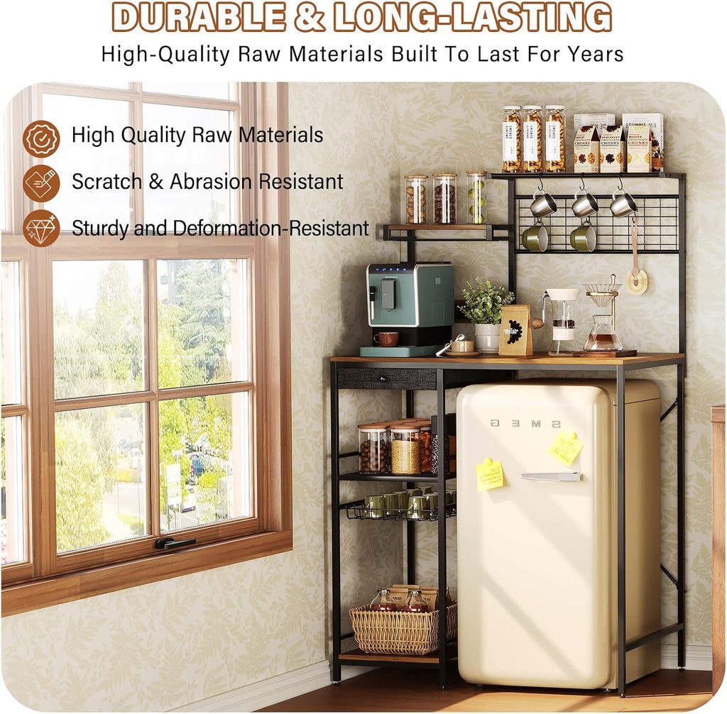 CozyDH Bakers Rack with Power Outlet, Kitchen Microwave Shelf with Storage Shelves, Wood Coffee Bar with Wire Basket and 8 S-Shaped Hooks, Rustic Brown 35.4 Inches