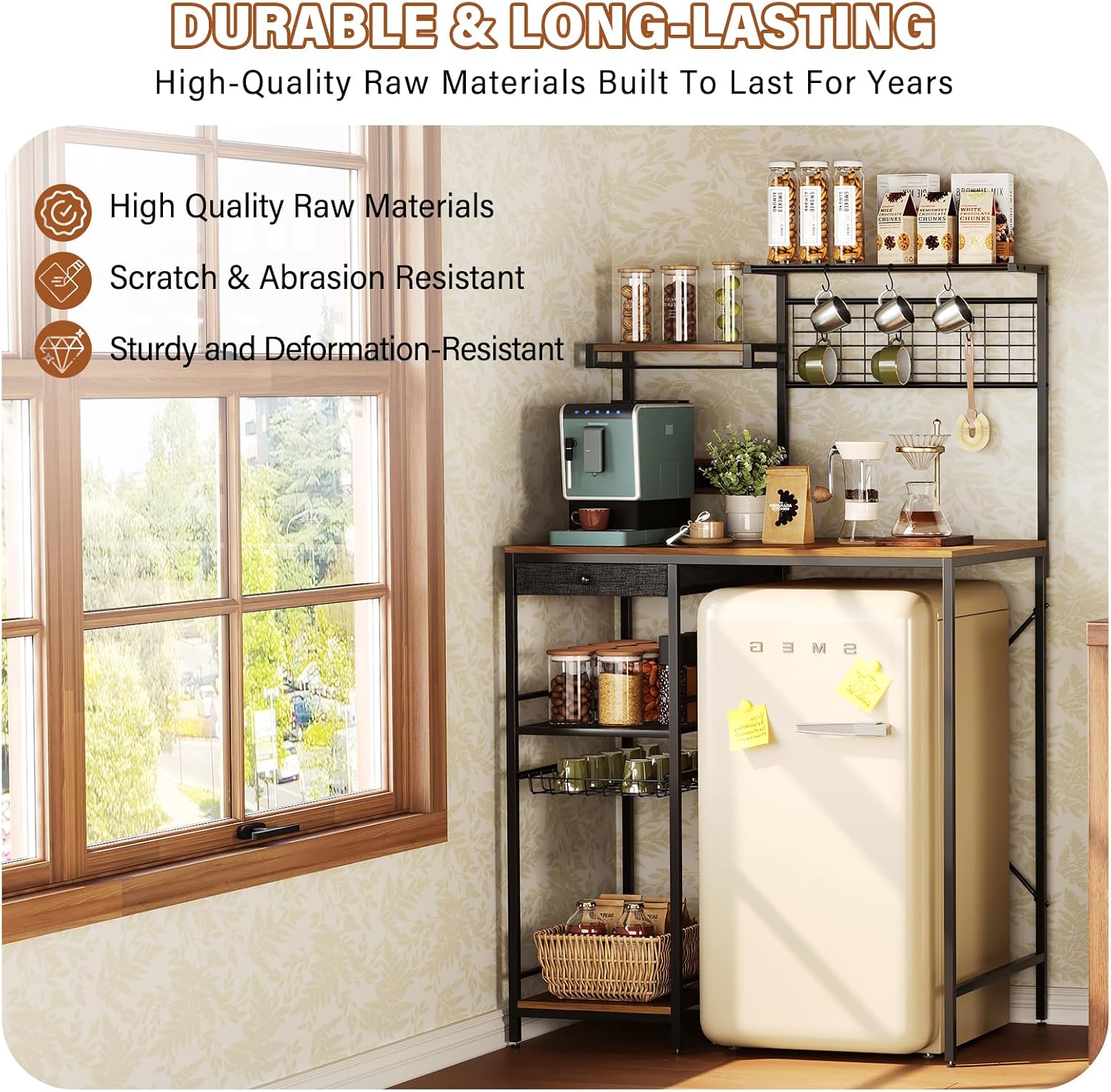 CozyDH Bakers Rack with Power Outlet, Kitchen Microwave Shelf with Storage Shelves, Wood Coffee Bar with Wire Basket and 8 S-Shaped Hooks, Rustic Brown 35.4 Inches