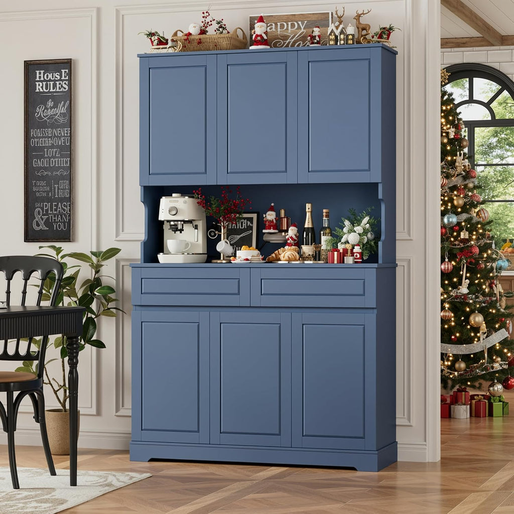 FACBOTALL 74' Pantry Cabinet, Tall Kitchen Pantry Cabinet with 6 Doors and 2 Drawers, Kitchen Hutch with Wide Countertop, Modern Kitchens Cupboard with Adjustable Shelves and Charge Holes, Blue