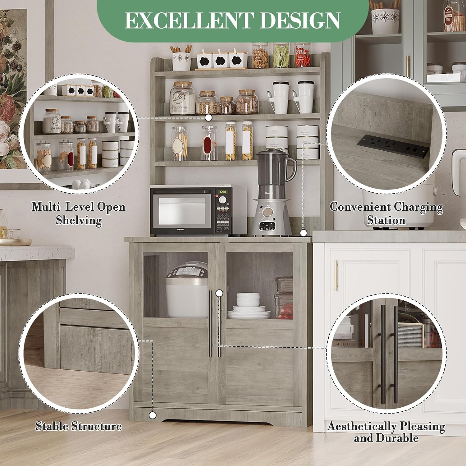 Microwave Stand & Coffee Bar Cabinet | 6-Tier Kitchen Bakers Rack with Storage, Power Outlet, and Glass Doors | Freestanding Tall Wooden Hutch for Dining Room Organization