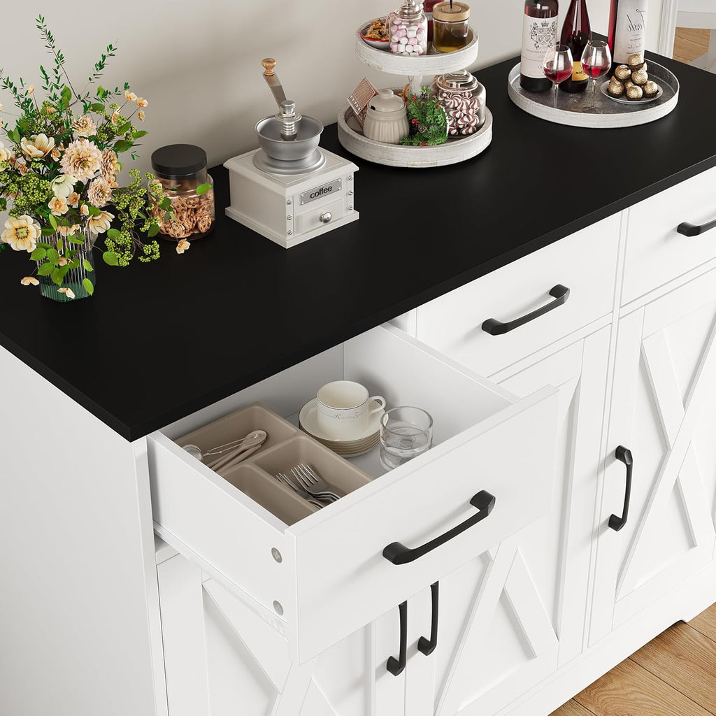 HOSTACK Modern Farmhouse Buffet Sideboard Cabinet, Barn Doors Storage Cabinet with Drawers and Shelves, Wood Coffee Bar with Storage for Dining Room, Kitchen, Living Room, White/Black