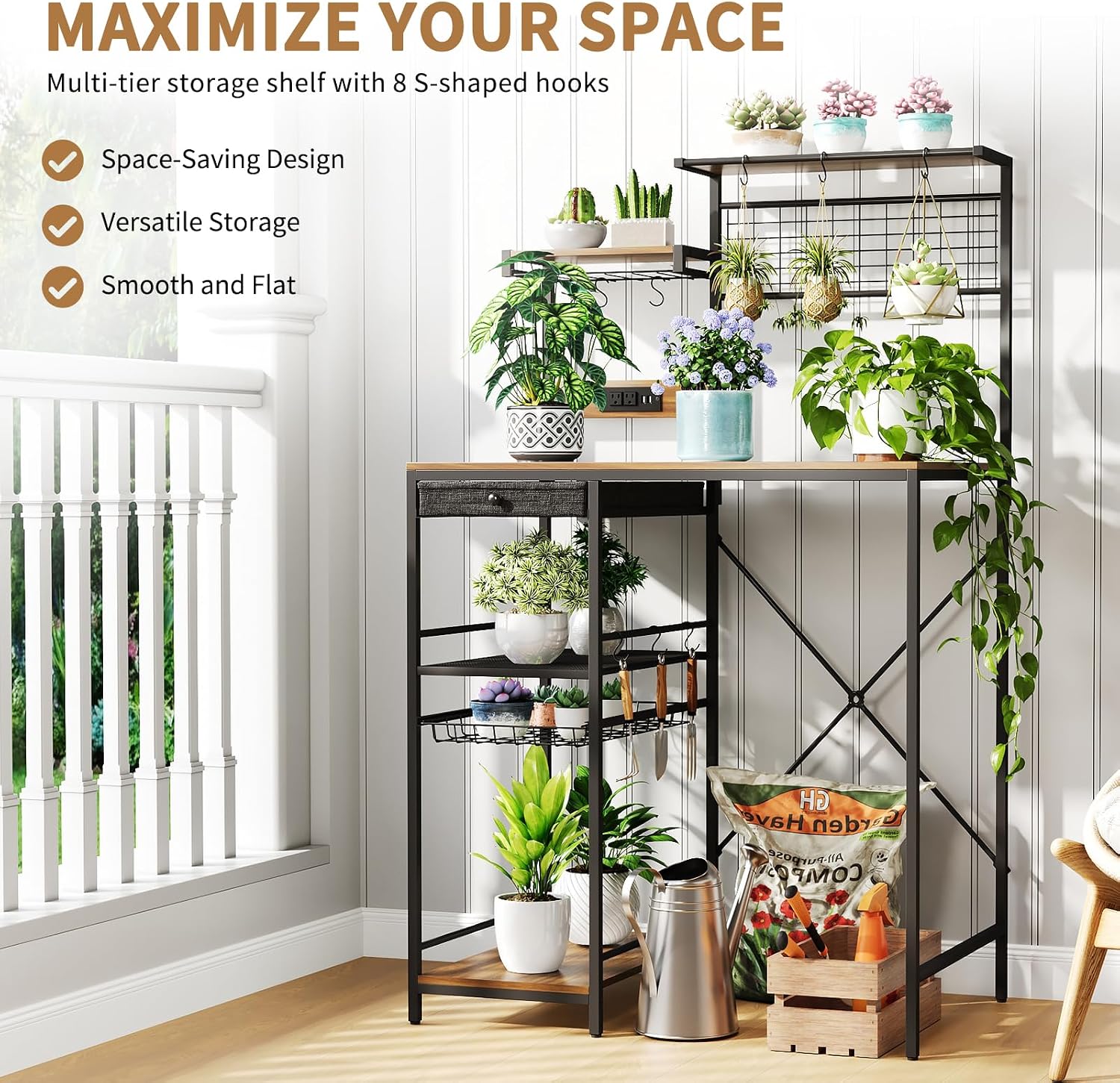 Uniclinens Bakers Rack with Power Outlet, Kitchen Microwave Stand with Storage Shelves, Coffee Bar with Wire Basket and 8 S-Shaped Hooks, Rustic Brown