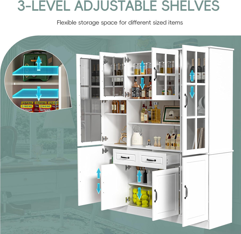 MU Kitchen Storage Cabinet with Glass Doors, Large China Hutch with 2 Drawers & 5 Adjustable Shelves, Kitchen Pantry Hutch for Home Office, Living Room, White (15.8' D x 63' W x 70.9H)