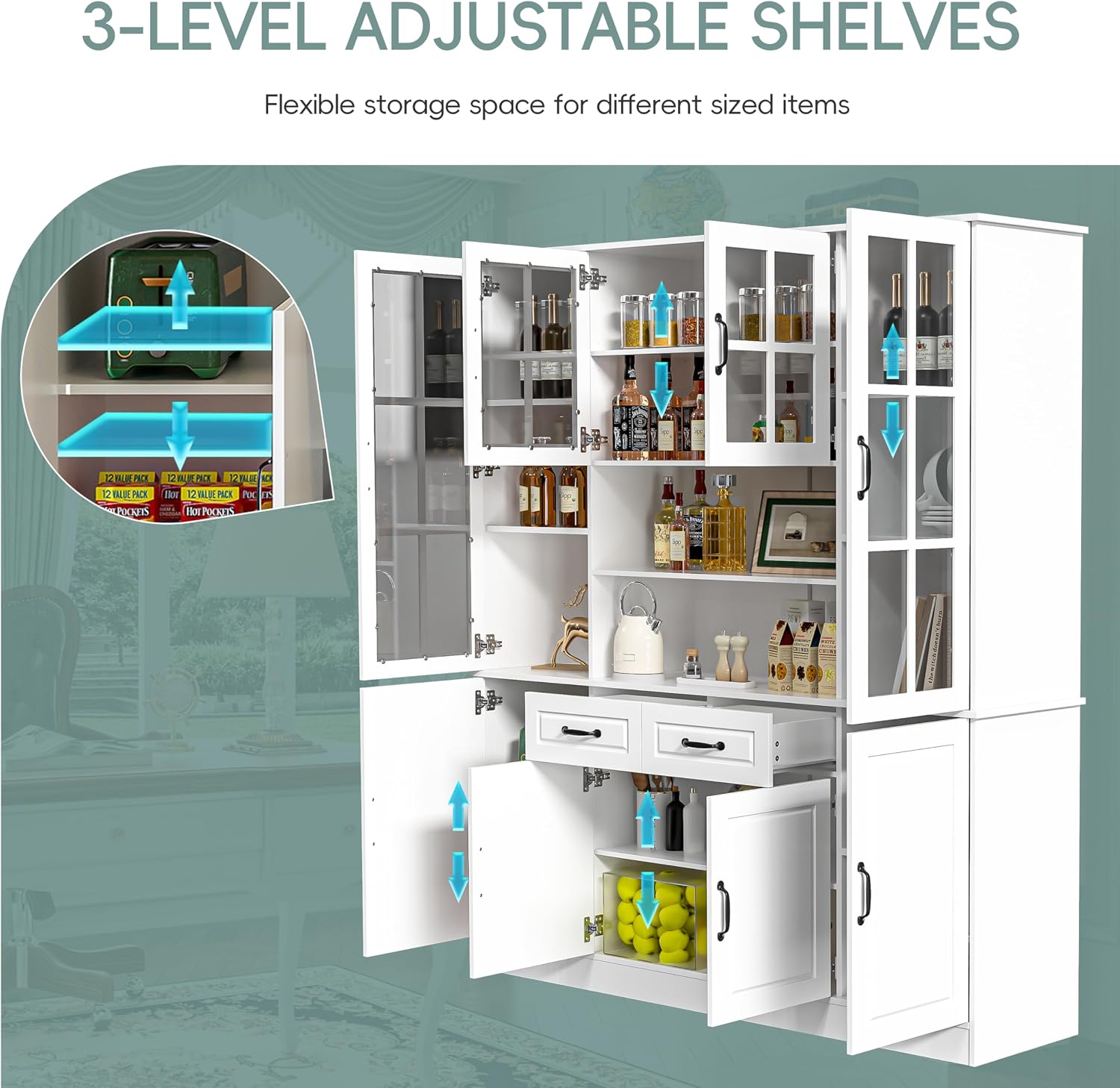 MU Kitchen Storage Cabinet with Glass Doors, Large China Hutch with 2 Drawers & 5 Adjustable Shelves, Kitchen Pantry Hutch for Home Office, Living Room, White (15.8' D x 63' W x 70.9H)