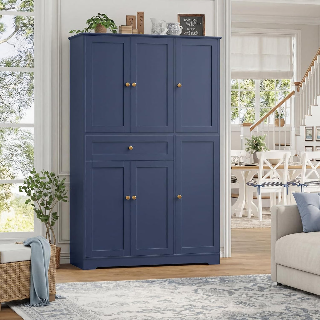 HOSTACK 68' Tall Kitchen Pantry Storage Cabinet, Modern Kitchen Hutch Cabinet with Doors and Shelves, Freestanding Food Pantry with Large Storage Drawer for Dining Room, Living Room, Navy Blue