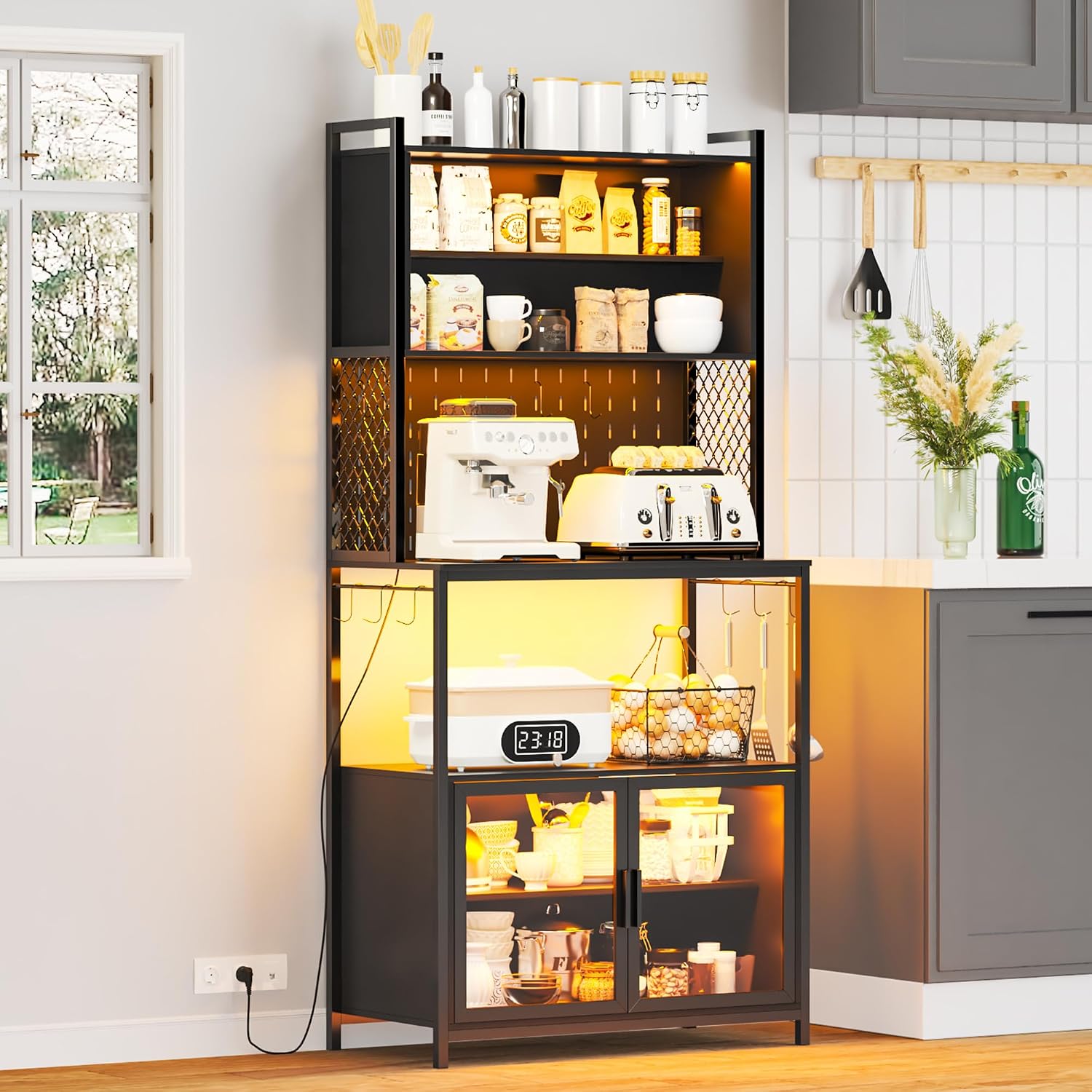 67'' LED Kitchen Pantry Cabinet with Pegboard, 3 Color Dimmable Bakers Rack with Charging Station Adjustable Shelves and Hooks, Microwave Stand with Storage