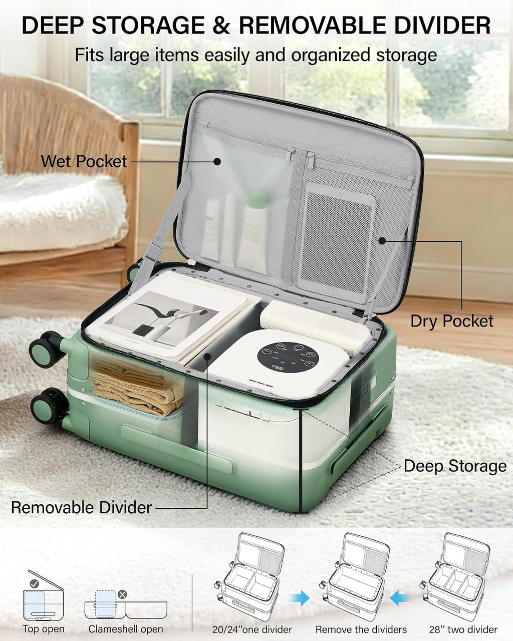 Hanke 20 Inch Top Opening Carry On Luggage with Cup Holder, Hard Shell Suitcase with Spinner Wheels, USB Ports, TSA Lock Aluminum Frame, Dry Wet Separation & Removable Divider, Forest Green