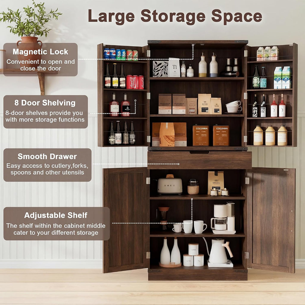 GRUSIGN 72' Kitchen Pantry Storage Cabinet with Doors and Shelves, Wood Farmhouse Pantry Storage with Barn Doors for Kitchen, Dining Room, Living Room, Dark Brown