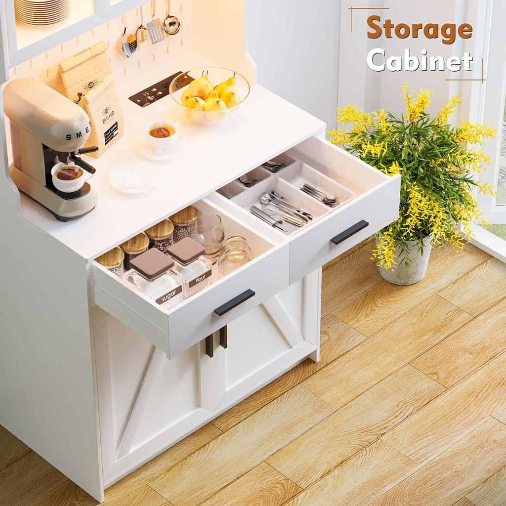 LED Kitchen Pantry Cabinet with Outlets, Farmhouse Storage Cabinet with Drawers & Adjustable Shelves, Cupboard with Pegboard and Hooks for Dining Room (White)