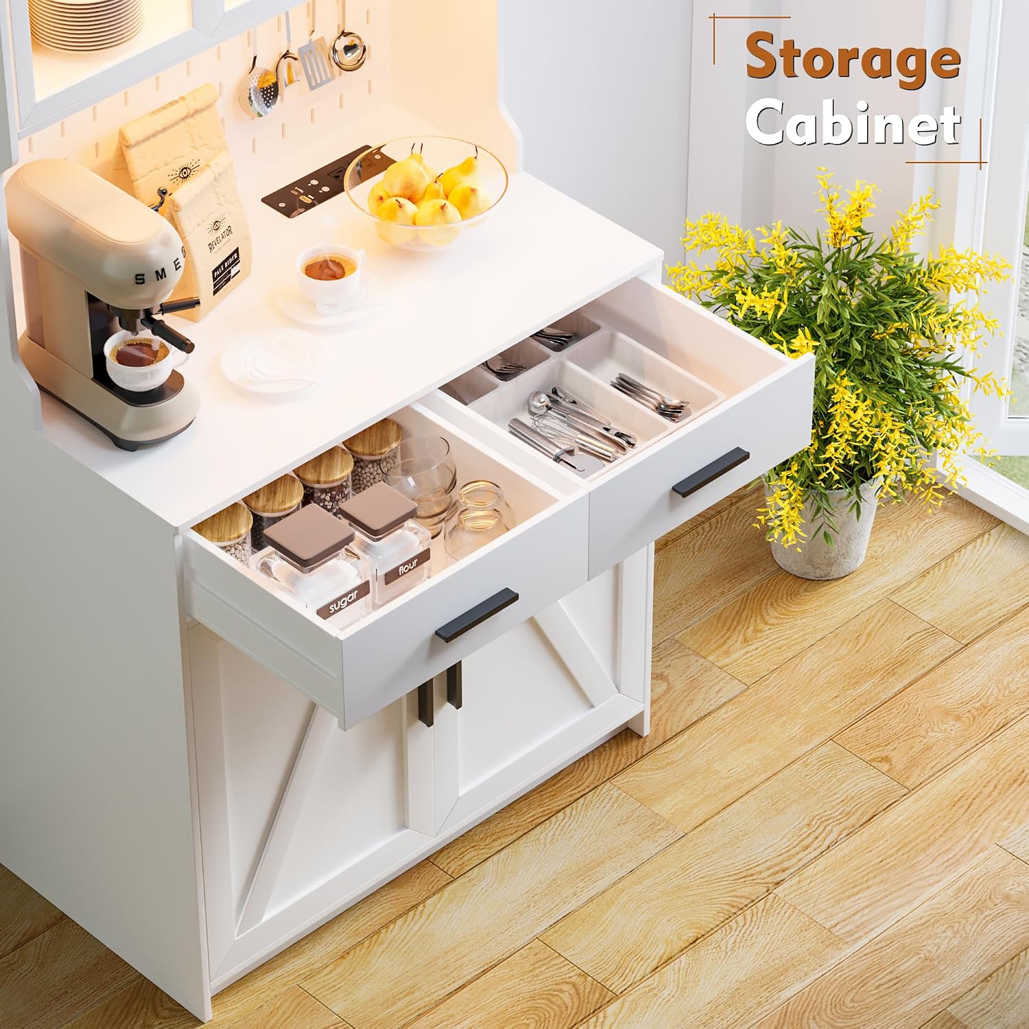 LED Kitchen Pantry Cabinet with Outlets, Farmhouse Storage Cabinet with Drawers & Adjustable Shelves, Cupboard with Pegboard and Hooks for Dining Room (White)