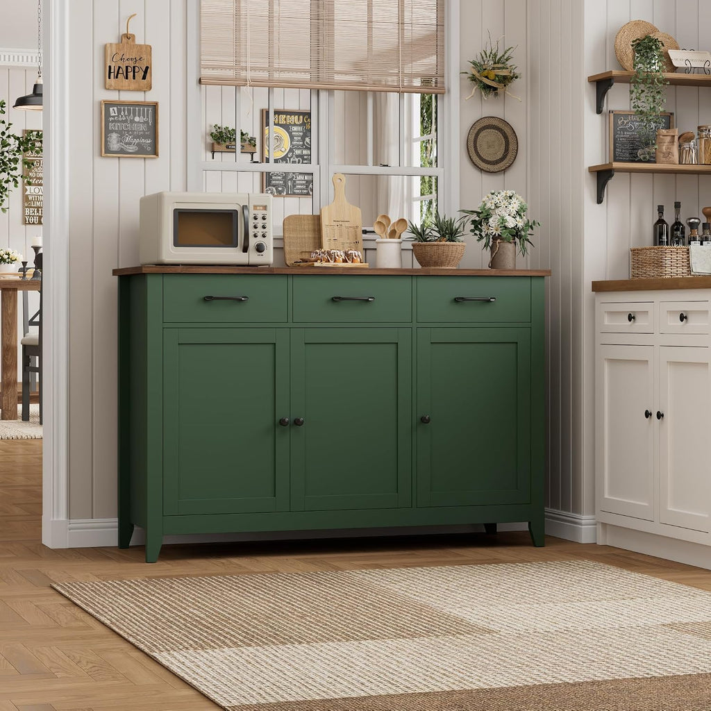 HORSTORS 47' Buffet Cabinet with Storage, Kitchen Buffet Table with Drawers, Modern Farmhouse Coffee Bar Storage Cabinet with Adjustable Shelf, Wood Sideboard for Dining Room, Kitchen, Entryway, Green