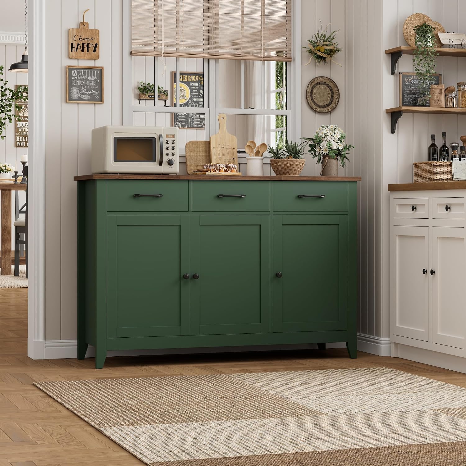 HORSTORS 47' Buffet Cabinet with Storage, Kitchen Buffet Table with Drawers, Modern Farmhouse Coffee Bar Storage Cabinet with Adjustable Shelf, Wood Sideboard for Dining Room, Kitchen, Entryway, Green