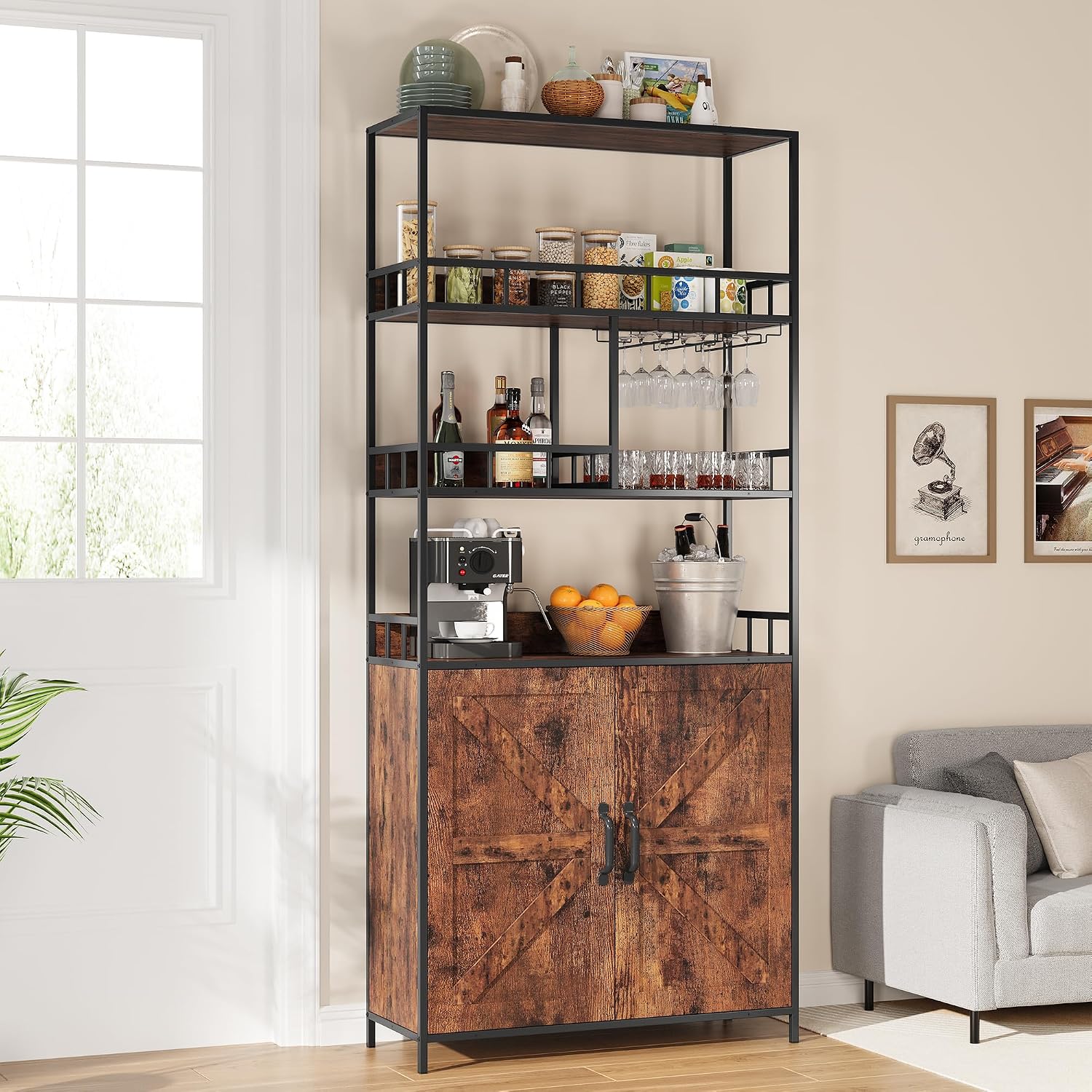 70.8' in Large Bakers Rack with Cabinet,Tall Wine Cabinet & Bar Storage Rack with Baskets and Hooks for Wine, Glasses, Beverages, and Snacks，Suitable for Living Rooms, Kitchen