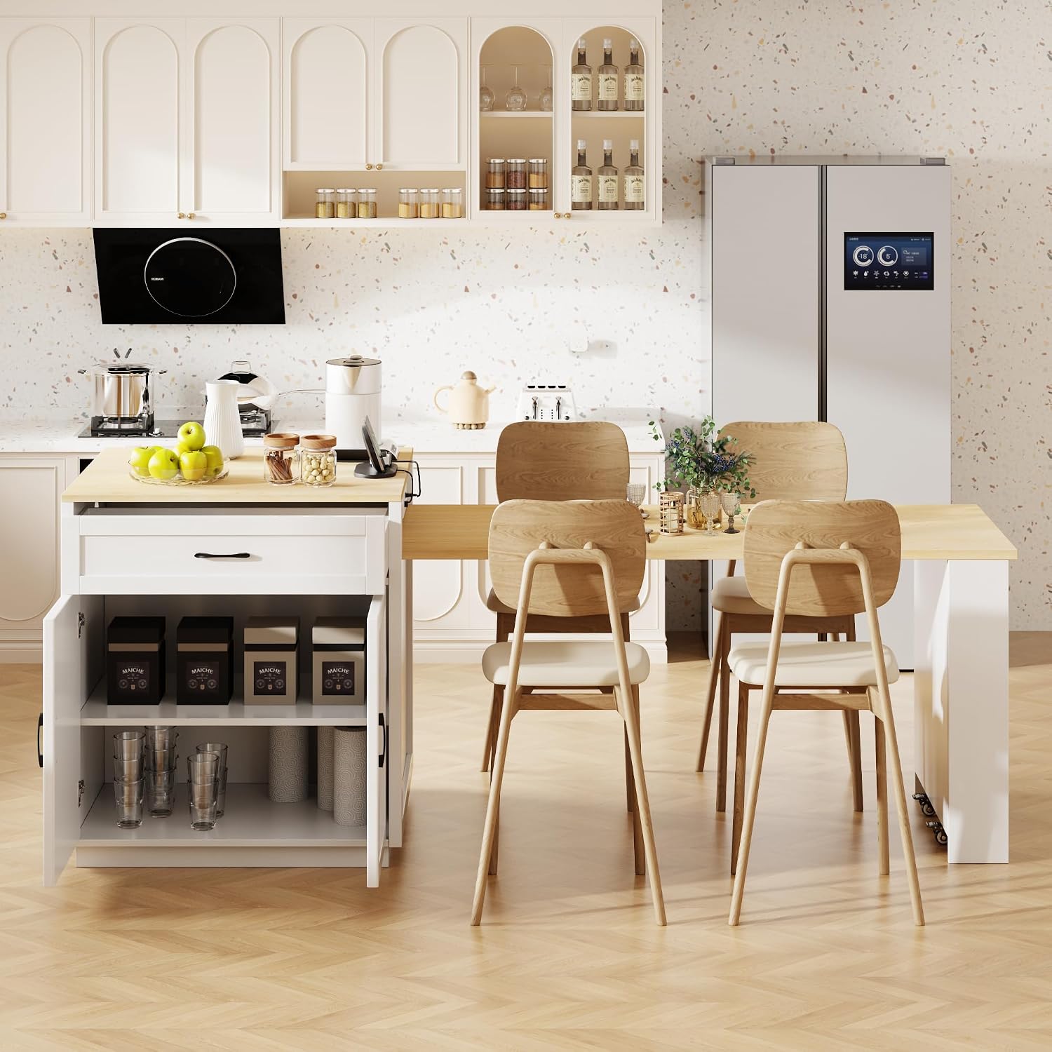 82.7 inches Kitchen Island with Extendable Table, Faux Mable Table with Double-Sized Storage, Power Outlet, 2 Drawers, 2 Side Open Shelves for Kitchen for 4-6 Person, Dining Room, White