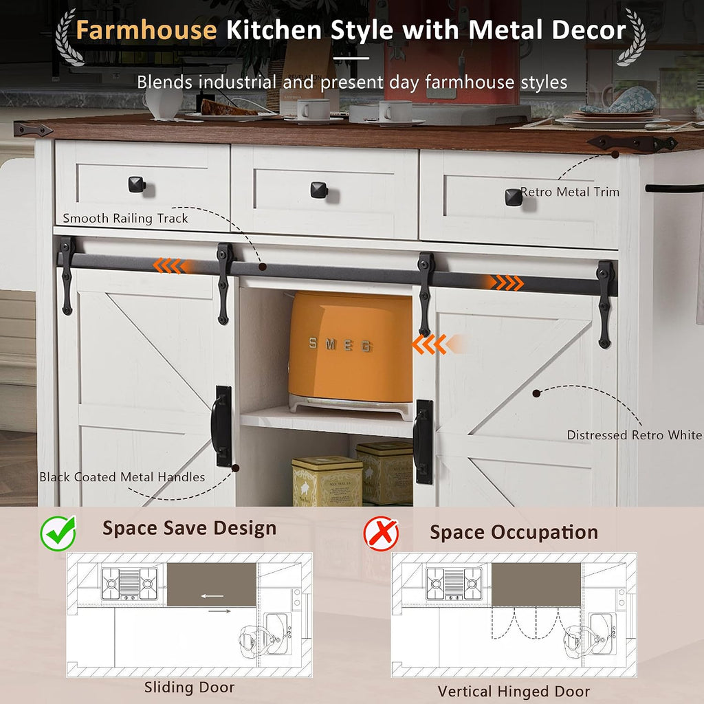 Farmhouse Kitchen Island with Power Outlet, 2 Sliding Barn Door and Drop Leaf, Spice Rack Rolling Kitchen Cart on Wheels for Home and Dining Room (White/P)