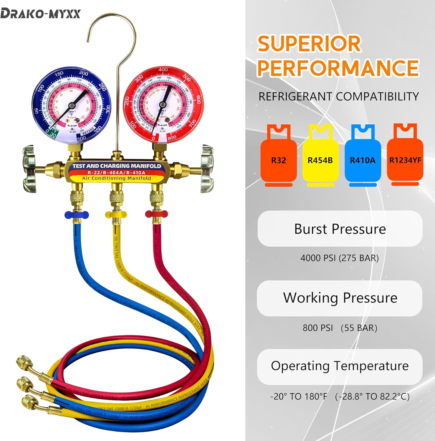 Upgrade 42036 Test & Charging Manifold with 3-1/8'(80 mm) Gauges, A2L Compatible, 2-Valve, 60' Refrigerant Hose, Color-Coded Scales, HVAC Manifold for R32/454B/410A/1234yf,Y/R/B Hoses