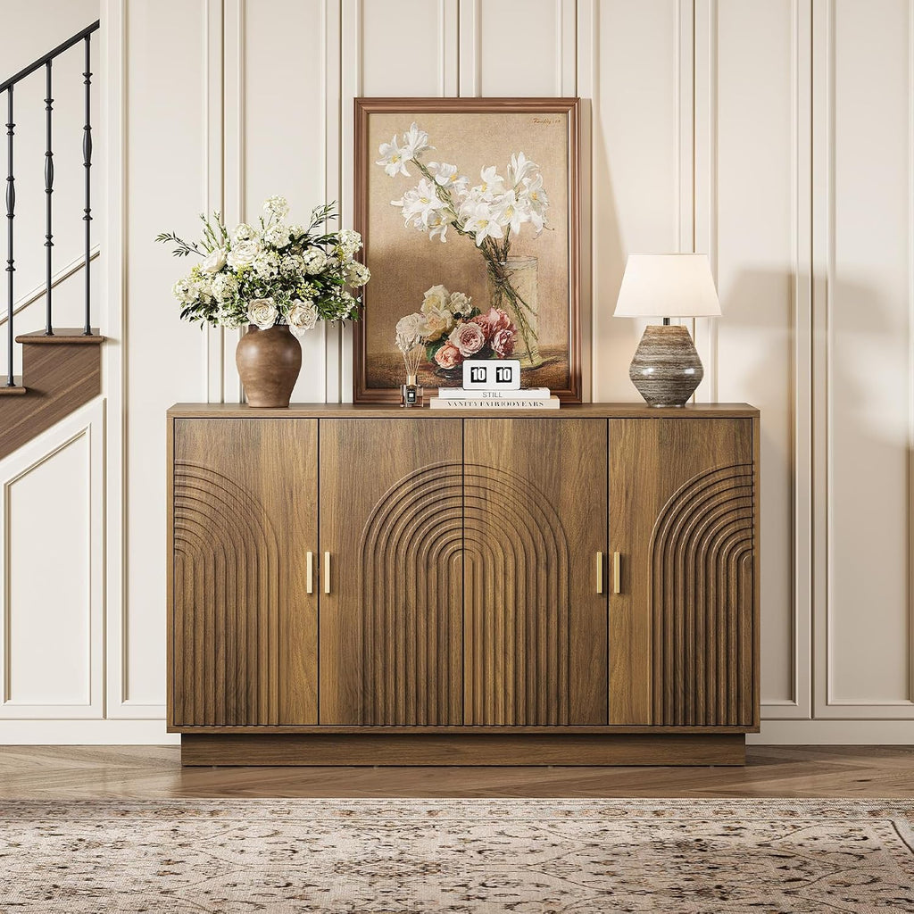 Fluted Sideboard Buffet Cabinet with Storage - 57' Credenza Coffee Bar Cabinet with 4 Doors, Accent Kitchen Storage Cabinets with Adjustable Shelves for Living Room & Kitchen, Entryway, Walnut