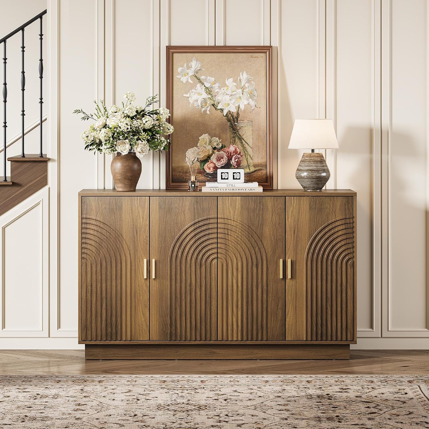 Fluted Sideboard Buffet Cabinet with Storage - 57' Credenza Coffee Bar Cabinet with 4 Doors, Accent Kitchen Storage Cabinets with Adjustable Shelves for Living Room & Kitchen, Entryway, Walnut