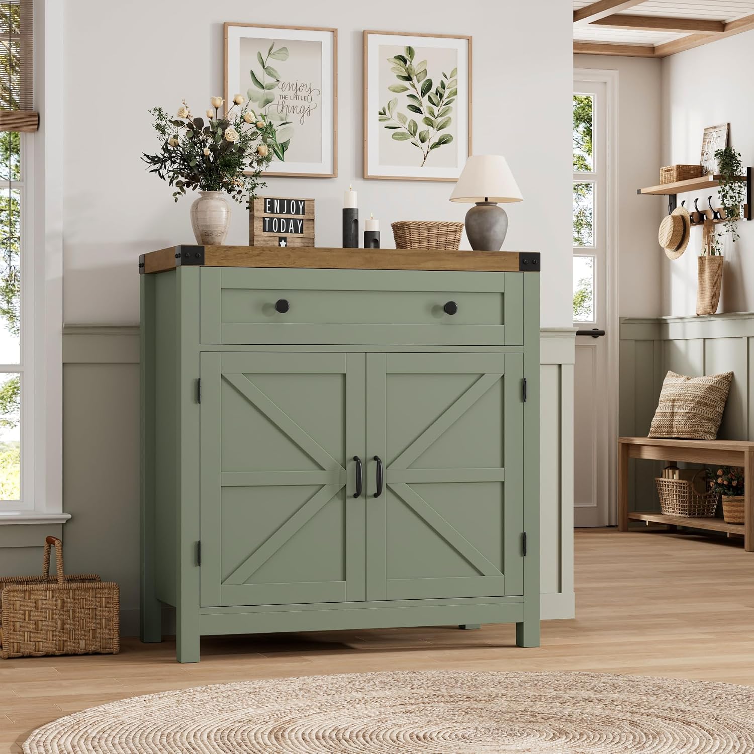 HOSTACK Coffee Bar Cabinet, Kitchen Storage Cabinet, Modern Farmhouse Buffet Sideboard with Drawer & Adjustable Shelf, Barn Door Accent Cabinets for Kitchen, Dining Room, Entryway, Green/Rustic Brown