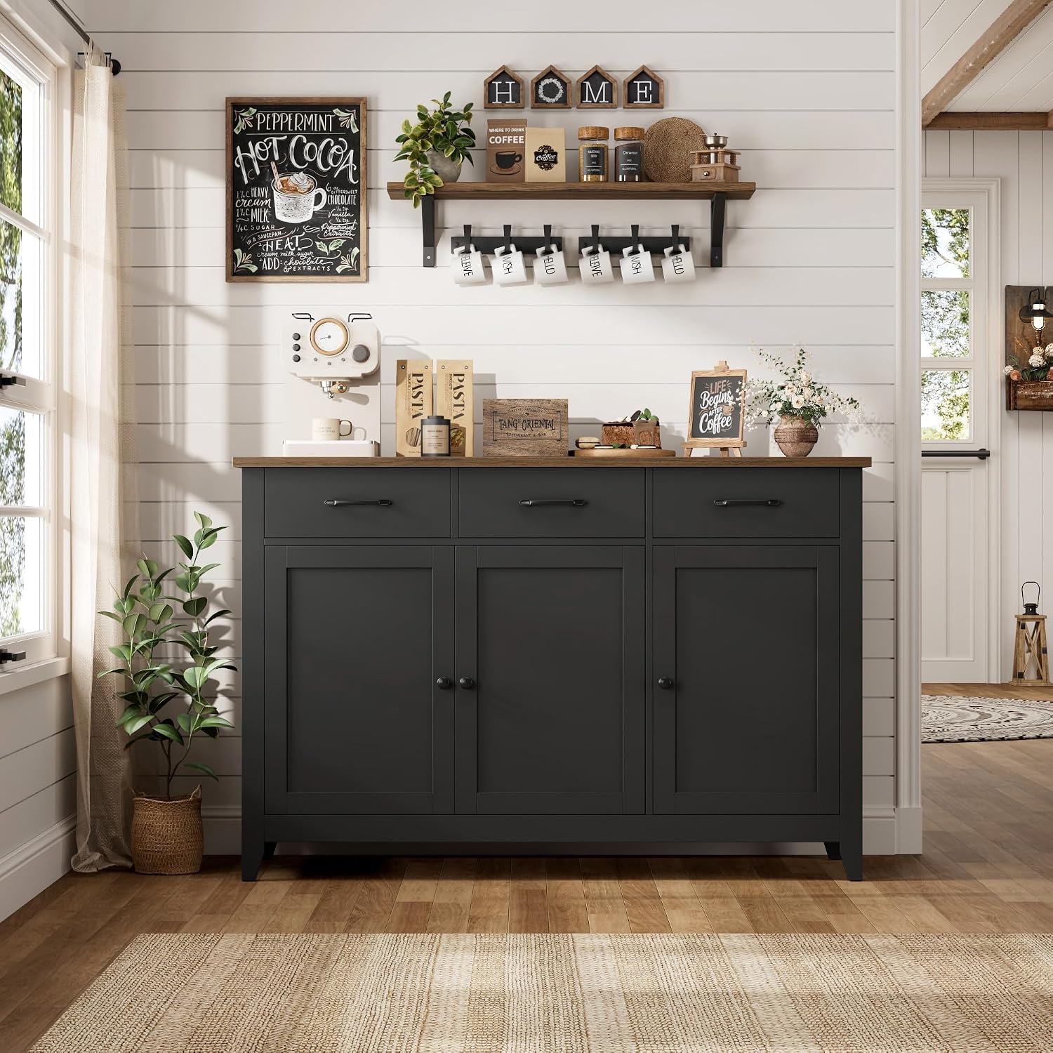 HORSTORS 47' Buffet Cabinet with Storage, Kitchen Buffet Table with Drawers, Modern Farmhouse Coffee Bar Storage Cabinet with Adjustable Shelf, Wood Sideboard for Dining Room, Kitchen, Entryway, Black