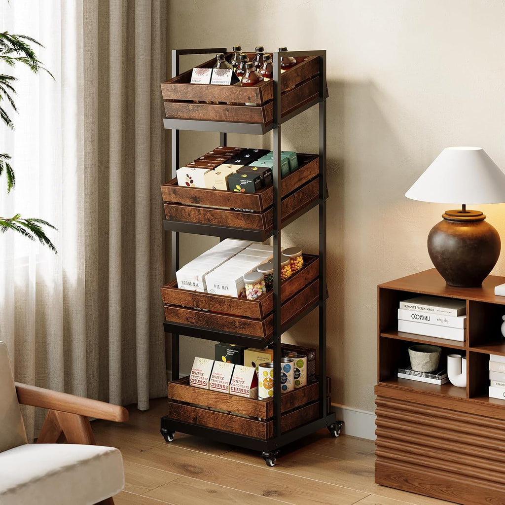 LITTLE TREE 4-Tier Basket Stand with Locked Wheels, Mobile Fruit and Vegetable Storage, Floor Stand Rack, Utility Shelf, for Kitchen, Living Room, Pantry (Rustic Brown)