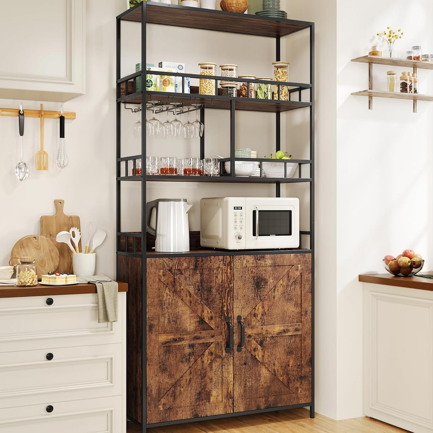 70.8' Coffee Bar Cabinet with Storage, Large Bakers Rack with Power Outlet & Goblet Holder, 5-Tier Kitchen Microwave Stand for Small Spaces, Corner Wine Rack (Rustic Brown)