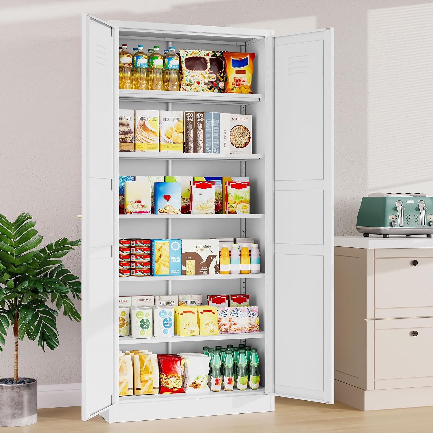 SISESOL 71' Tall Pantry Cabinet with 2 Doors and 5 Shelves,Kitchen Pantry Storage Cabinets,White Metal Storage Cabinet,Wide Deep Food Cupboard for Home,Kitchen,Dining/Living Room
