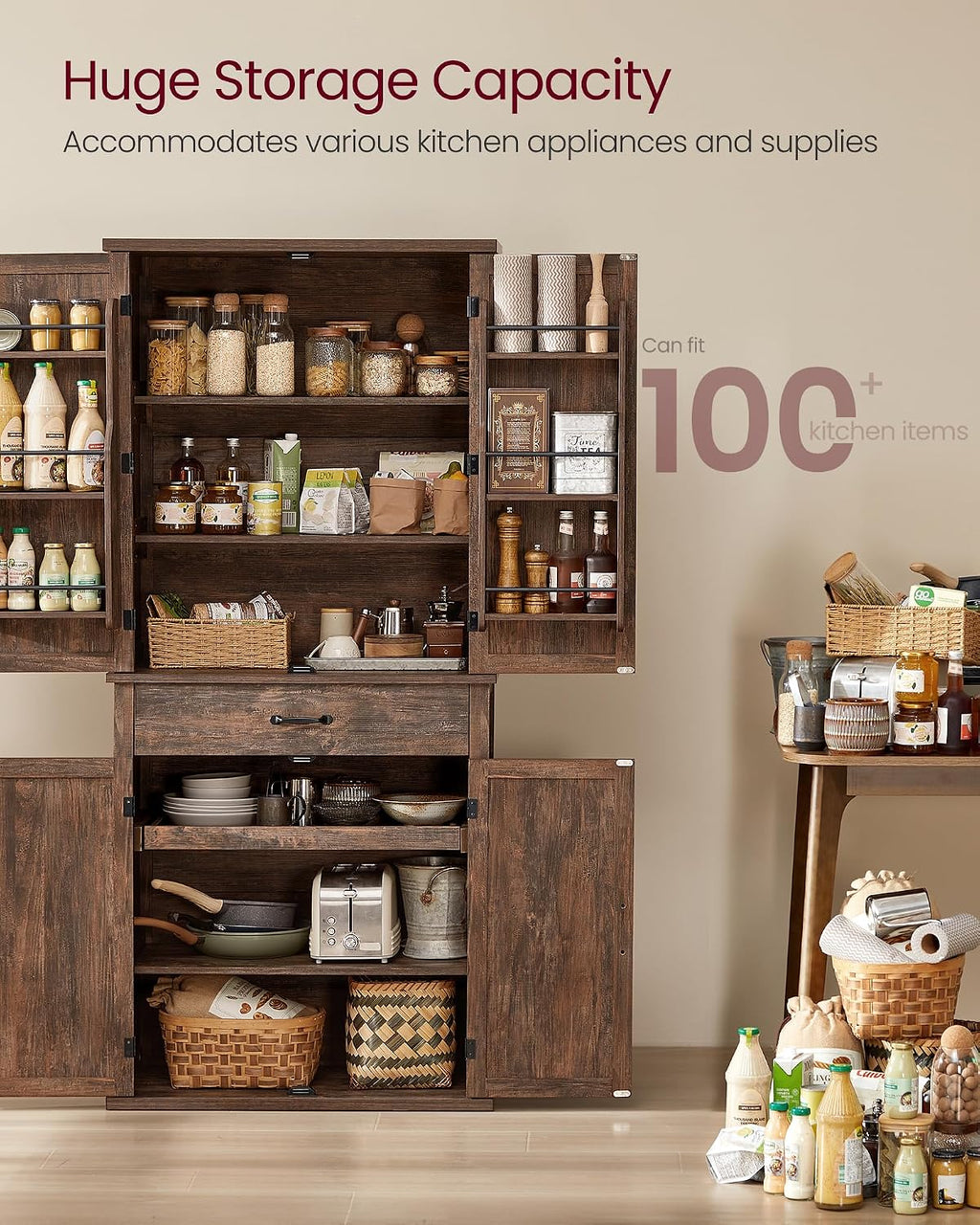 VASAGLE LIRY Collection - Pantry Cabinet, 70.3-Inch Tall Farmhouse Kitchen Storage Cabinet with Barn Doors, Drawer, Tray, Adjustable Shelves, for Kitchen, Dining Room, Hazelnut Brown UBBK364K01