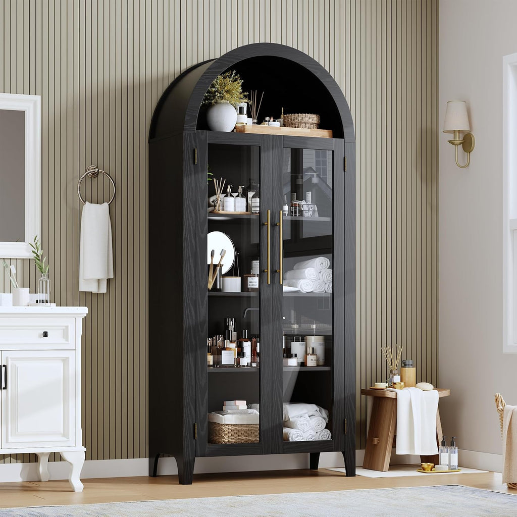 GarveeHome Arched Kitchen Pantry Cabinet - Farmhouse 5 Tier Display Shelf with Adjustable Shelf and 2 Large Glass Doors, Versatile Storage Cupboard for Kitchen, Dining Room, Living Room, Black
