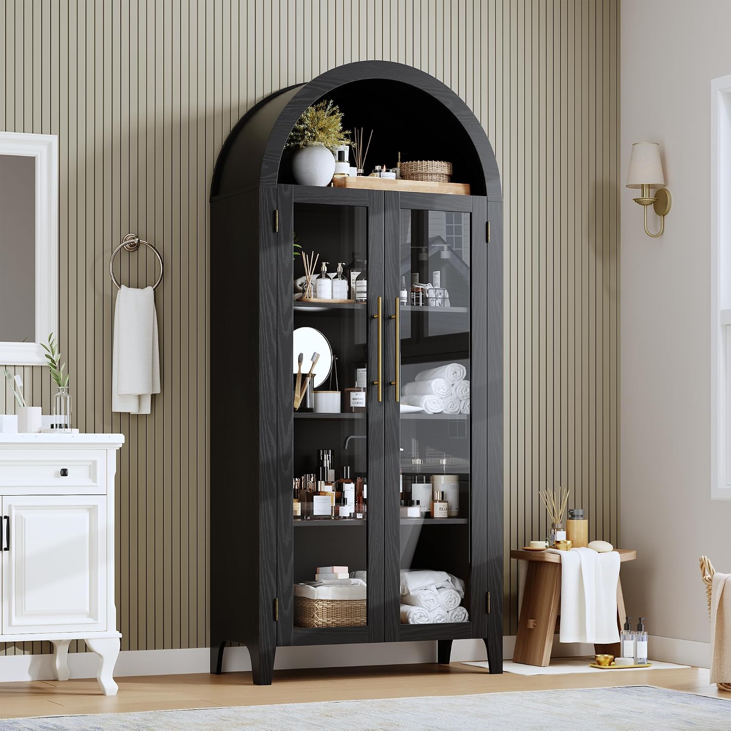 GarveeHome Arched Kitchen Pantry Cabinet - Farmhouse 5 Tier Display Shelf with Adjustable Shelf and 2 Large Glass Doors, Versatile Storage Cupboard for Kitchen, Dining Room, Living Room, Black