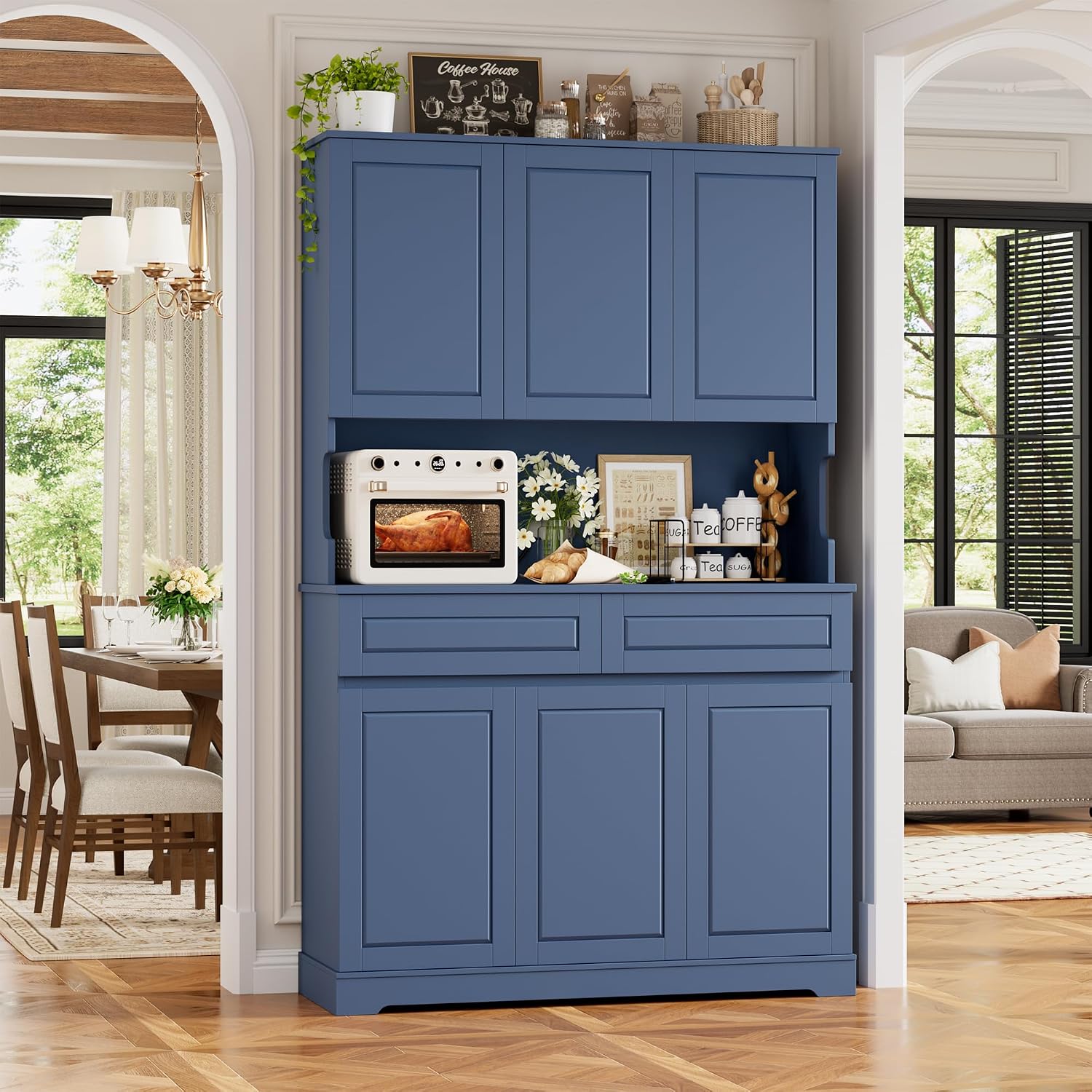 FACBOTALL 74' Pantry Cabinet, Tall Kitchen Pantry Cabinet with 6 Doors and 2 Drawers, Kitchen Hutch with Wide Countertop, Modern Kitchens Cupboard with Adjustable Shelves and Charge Holes, Blue