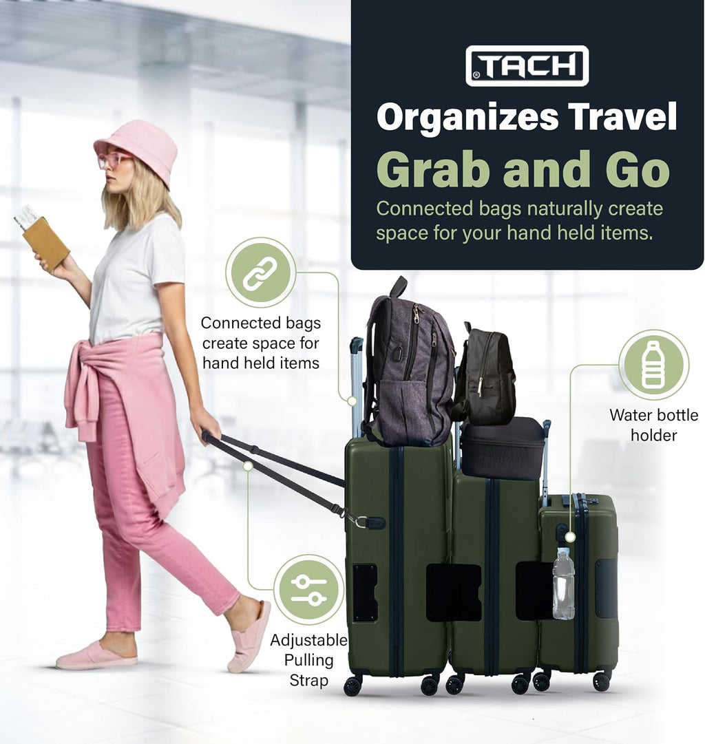 TACH Patented Connecting Hard Shell 3 Piece Luggage Set - 20, 24 & 28 inch Luggage | Carry-On, Medium & Large Rolling Suitcases - Forest Green
