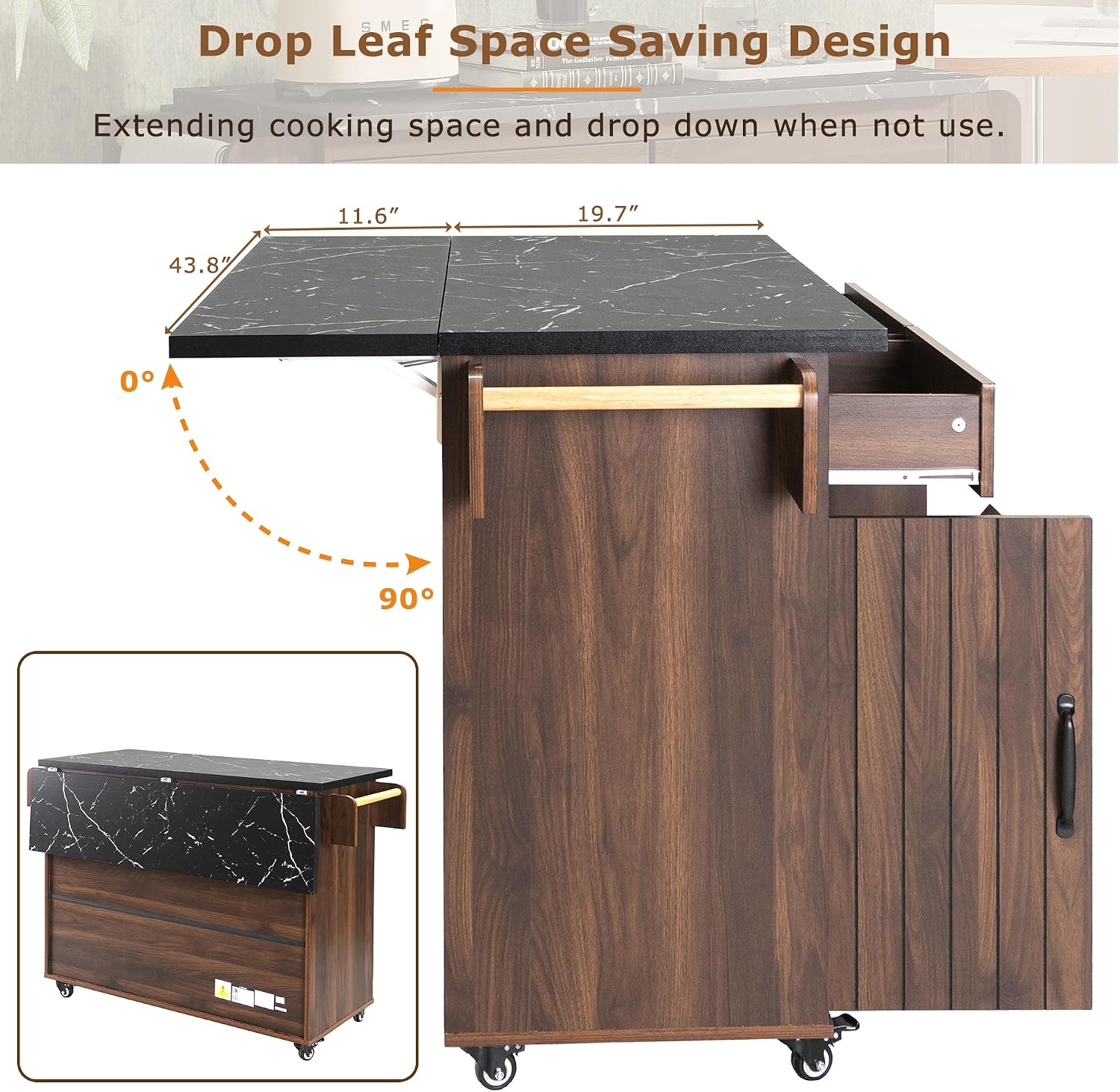 Farmhouse Kitchen Island with Trash Can Storage Cabinet, Kitchen Cart with Drop Leaf, Spice Rack, Towel Rack and Drawer, Rolling Kitchen Island on Wheels with Adjustable Shelf (Walnut Brown1)