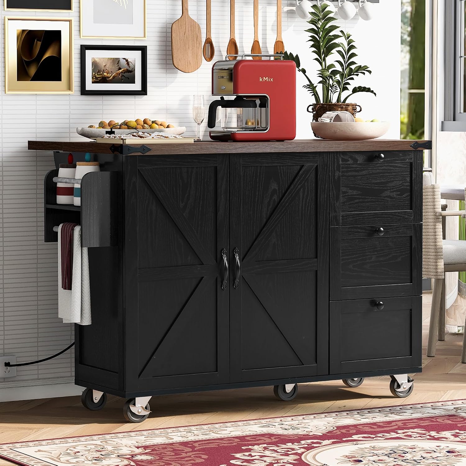 54.5' Farmhouse Rolling Kitchen Island Cart on Wheels with Power Outlet, Storage Island with Drop Leaf, Spice Rack and Drawer for Dining Room Kitchens Living Room Black
