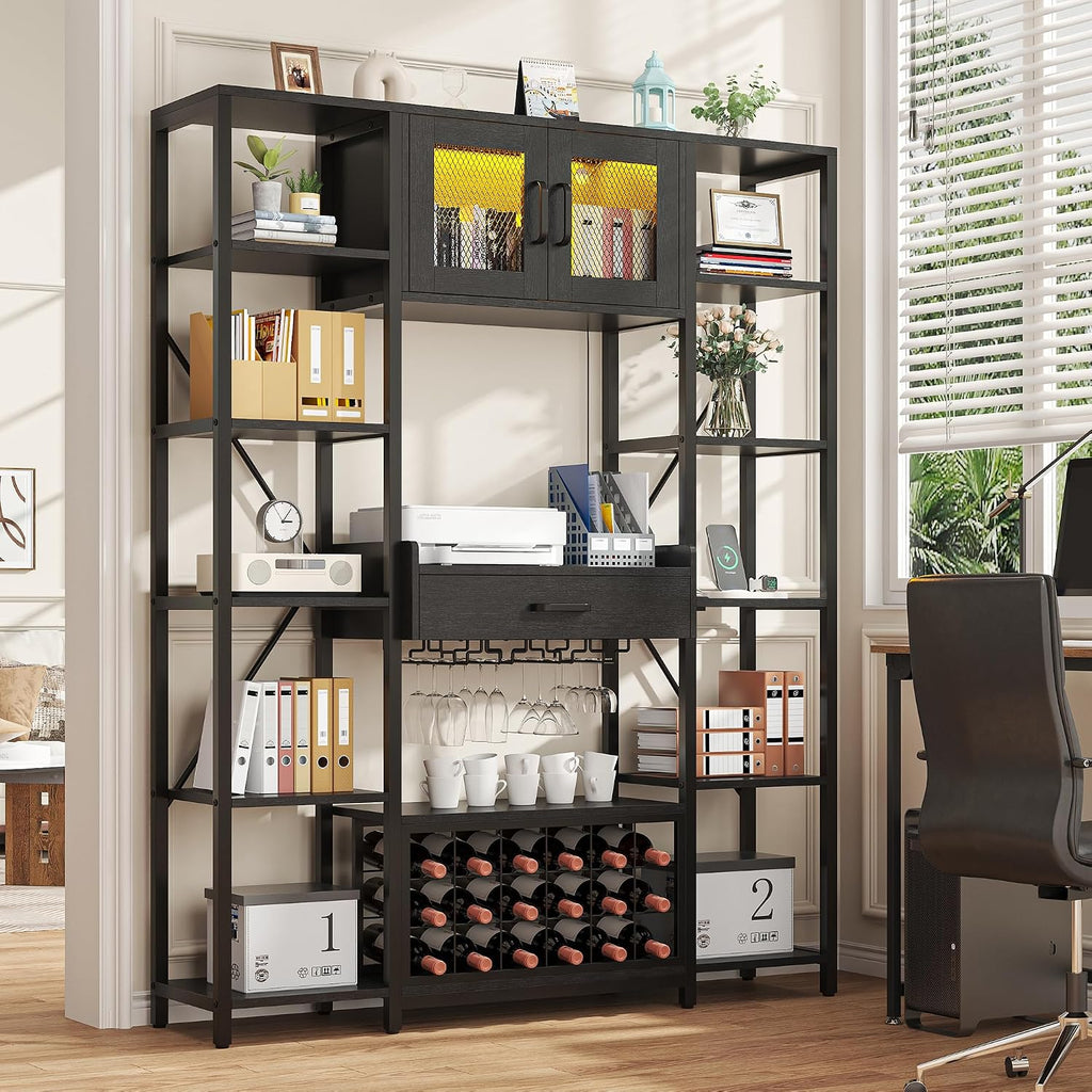 Nosepen 65.35 Inch Large Bakers Rack with Power Outlet and LED Light, 6-Tier Microwave Stand with Doors, Open Countertop and Storage Shelves, Farmhouse Coffee Bar Cabinet Station with Wine Rack, Black