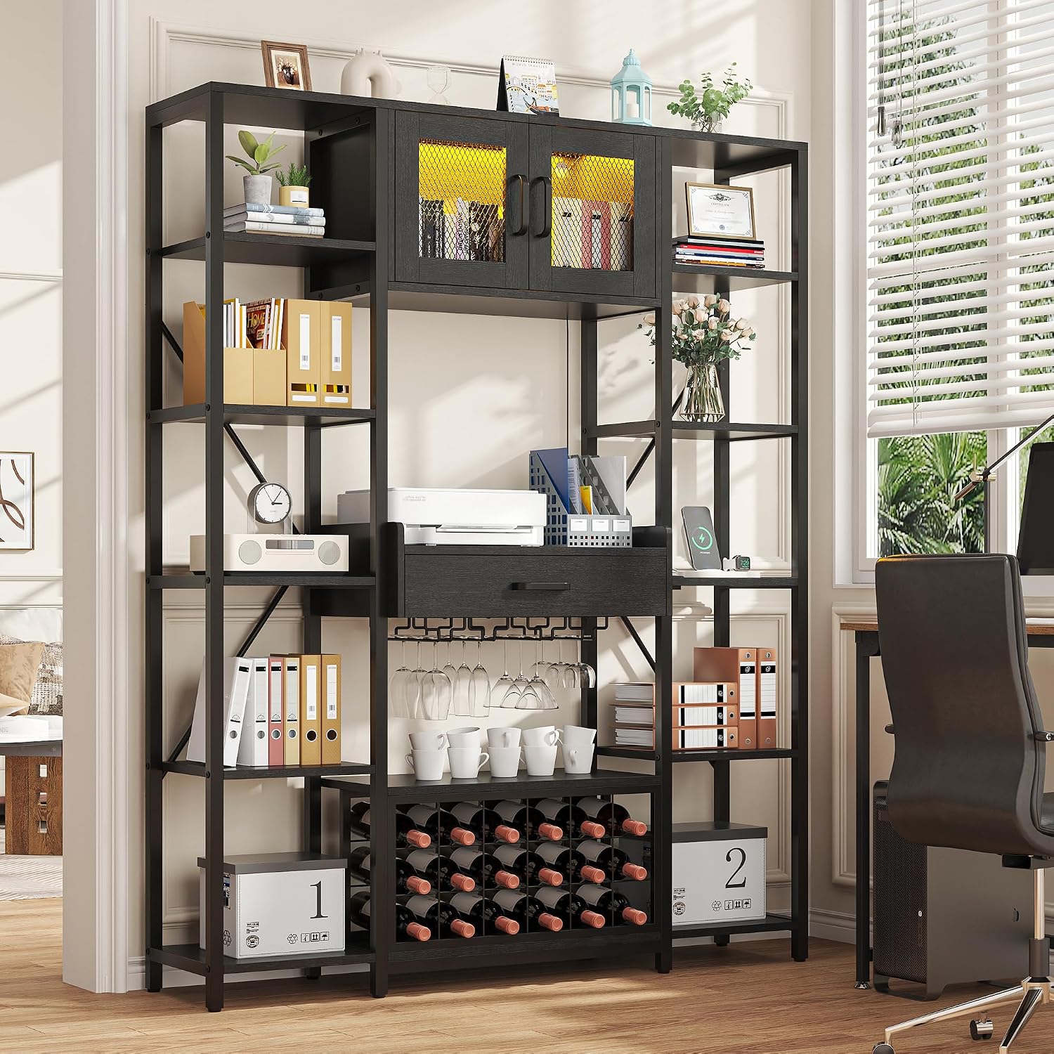 Nosepen 65.35 Inch Large Bakers Rack with Power Outlet and LED Light, 6-Tier Microwave Stand with Doors, Open Countertop and Storage Shelves, Farmhouse Coffee Bar Cabinet Station with Wine Rack, Black
