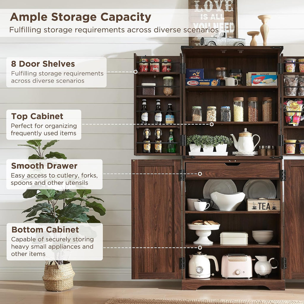 ACCOHOHO 72' Tall Kitchen Pantry, Farmhouse Storage Cabinet with Barn Doors, Organizer, Drawer and Adjustable Shelves, Rustic Wood Cupboard for Kitchen, Dining Room, Bathroom, Brown