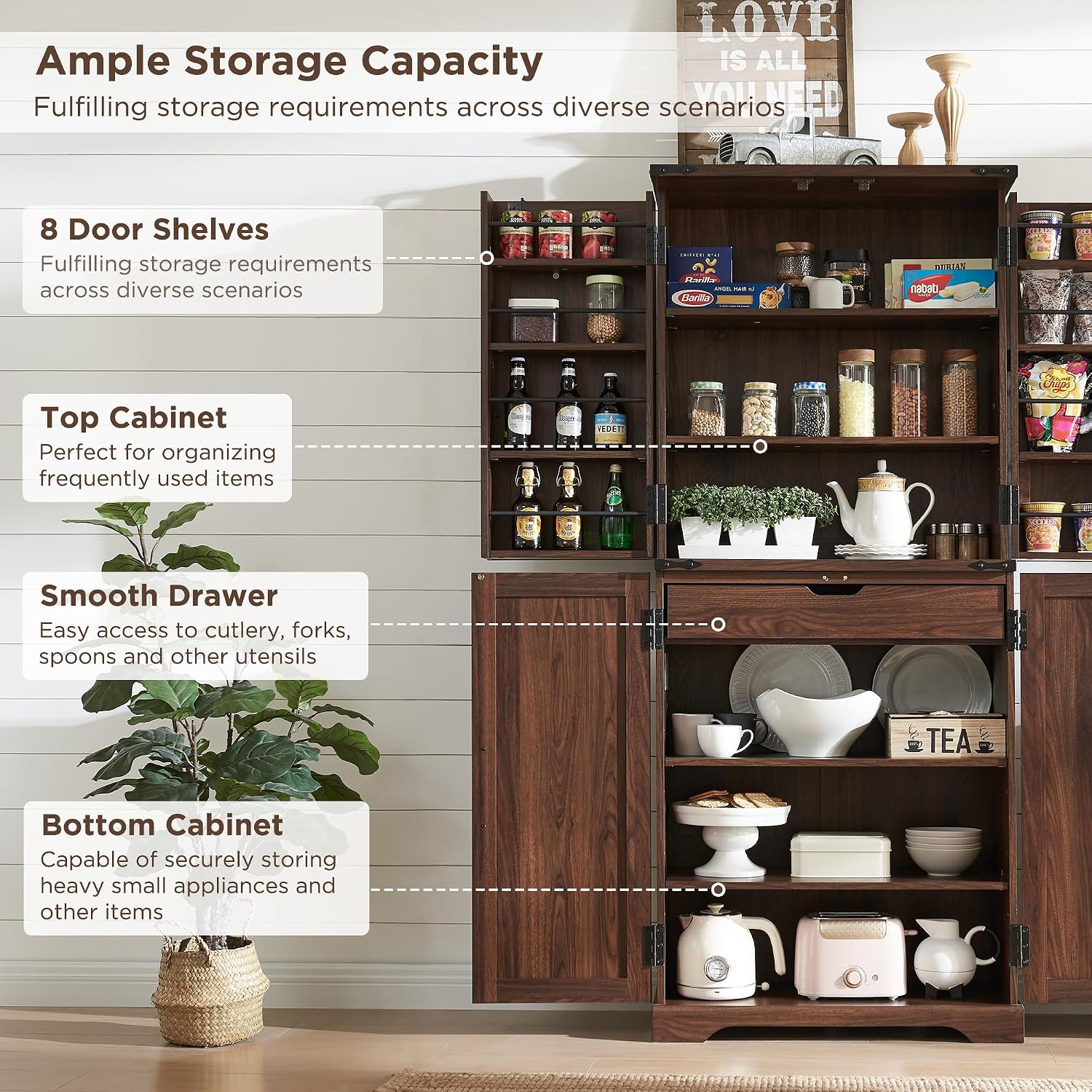 ACCOHOHO 72' Tall Kitchen Pantry, Farmhouse Storage Cabinet with Barn Doors, Organizer, Drawer and Adjustable Shelves, Rustic Wood Cupboard for Kitchen, Dining Room, Bathroom, Brown