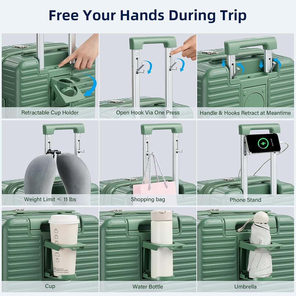HanTrip Hard Shell Suitcases Travel Expandable Luggage, 24 Inch Check in Luggage with Spinner Wheels Cup Holder Charger Built in, Checked Medium Suitcase Lightweight Suitcases, Forest Green